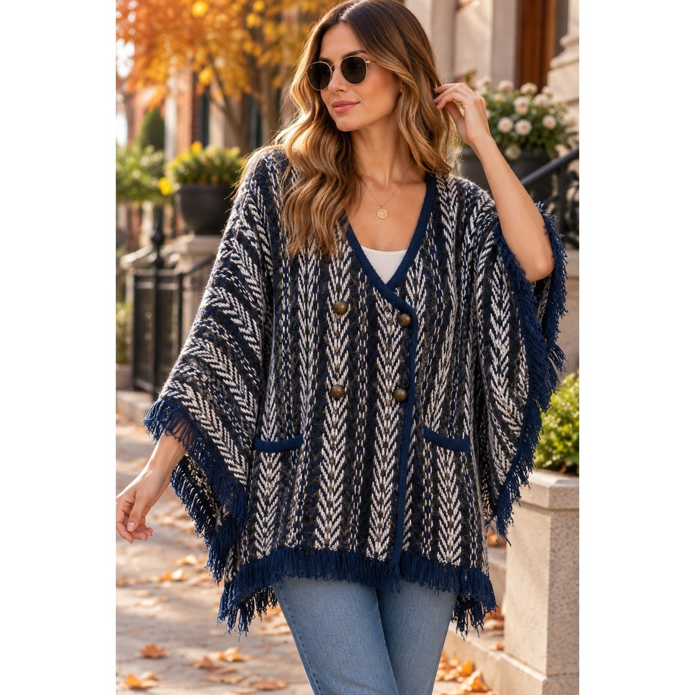Sleeping on Snow Anthropologie Poncho Navy Blue Chevron Fringe Boho EclecticOS
